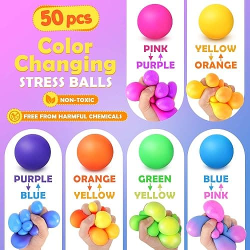Stress Balls Bulk for Kids and Adults: 50 Pack Mini Squishy Ball for Anxiety Relief - Color Changing Sensory Ball Fidget Toys for Autistic Children, Classroom Prizes Goodie Bag Stuffers (1.8") thumbnail 2