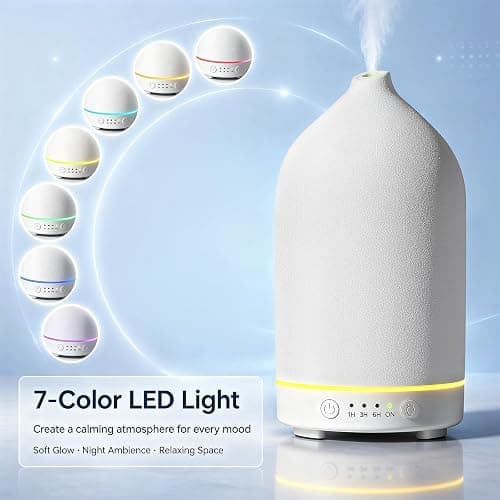 Gooamp 200ML Ceramic Essential Oil Diffuser for Home, Stone Diffuser | Ultrasonic Aromatherapy Diffuser & Air Humidifier for Bedroom, Office, Yoga, 7 LED Lights, Auto Shut-Off, 3 Timers, White thumbnail 7