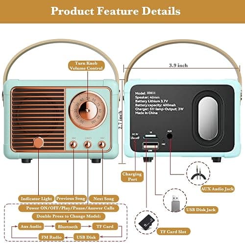 QUEQIMU Retro Bluetooth Speaker, Wireless Mini Portable Speakers Support USB/TF Card/AUX, Vintage Decor, Retro Radio Bluetooth Speaker for Kitchen Desk Bedroom Office Outdoor, Gifts for Teens, Blue thumbnail 8
