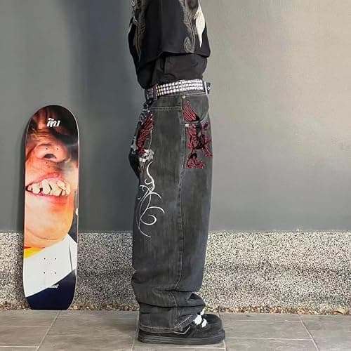 Sudiup Men's Jeans with Gothic Embroidered Print, Loose Wide Leg Casual Straight Leg Versatile Wide Leg Pants thumbnail 4