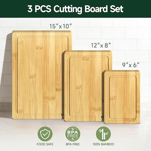 Zeawec 3-Piece Set Bamboo Cutting Board for Kitchen - Crack-Resistant Wood Chopping Boards with Deep Juice Grooves, Pre-Oiled Butcher Block for Meat, Vegetables & Cheese, Natural thumbnail 3