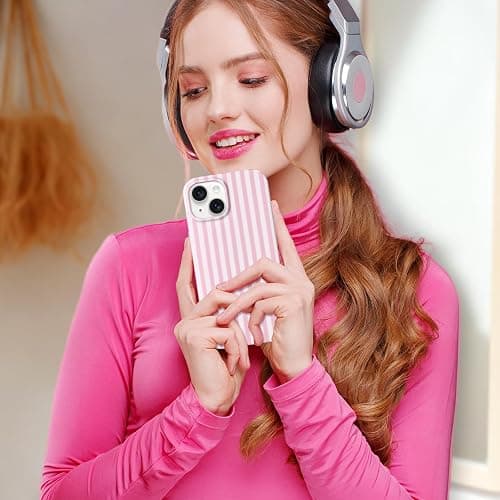 Hython for iPhone 15 Case Cute Striped Aesthetic Design Simple Stripes Cover 6.1", Thin Slim Soft TPU Bumper Shockproof Rubber Protective Phone Cases for Women Girls Girly Boys, Pink and White thumbnail 5