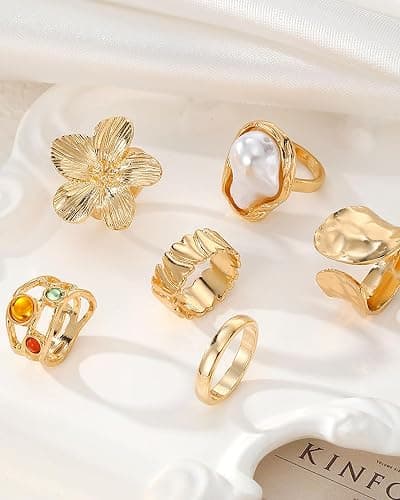 WGCHAIE Goldene Ringe Set, 6 Stück Set Retro Metall Blumen & Kristallringe, Vintage Knöchelringe mit Blumen, Perlen und Kristallen, für Damen Alltagsoutfit, Feiern, Partys thumbnail 7