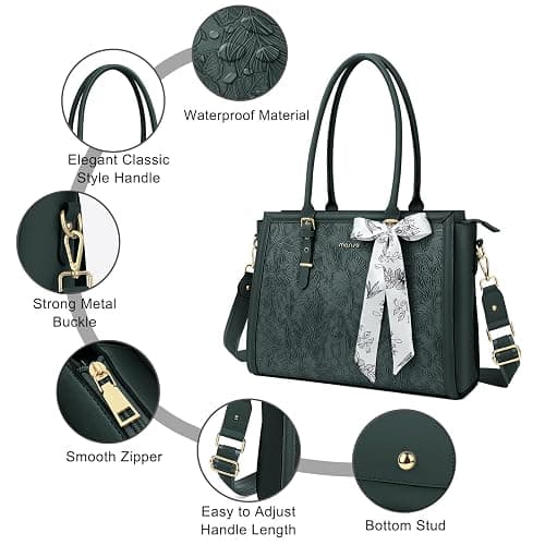 MOSISO Laptop Bag for Women, PU Leather Tote Bag, Front Embossed Retro Hibiscus Computer Bags with Silk Scarf&Clutch Purse thumbnail 4