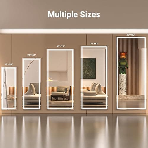 WINNICE Full Length Mirror with Lights, 56" x 15.8" LED Lighted Floor Standing Body Mirror, Dimmable & 3 Color Lighting for Bedroom, Cloakroom, Dressing Room, Tempered Glass, White thumbnail 4