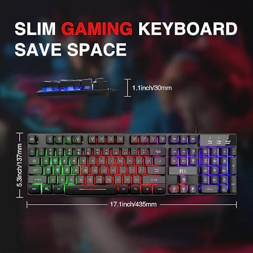 Rii RK100+ Multiple Color Rainbow LED Backlit Large Size USB Wired Mechanical Feeling Multimedia PC Gaming Keyboard,Office Keyboard for Working or Primer Gaming,Office Device thumbnail 3