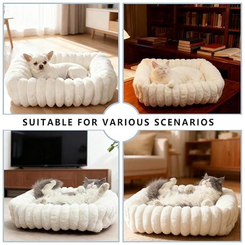 Dog Beds for Very Small Dogs & Cats - Washable Rectangle Comfy Sleeping Puppy Bed Cuddler with Anti-Slip Bottom, Soft Calming Plush Pet Sofa Bed for Indoor Kittens & Puppies, XS (18"x14"x4", Cream) thumbnail 4