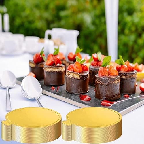 trabag 100 Stück Cakeboard Rund, 9cm Cake Board, Mousse Tortenunterlage, Gold Kuchenplatten, Einweg Tortenplatte Pappe, Dessert Display, Cake Board für Hochzeit Geburtstag Gebäck Dekoration(Rund) thumbnail 3