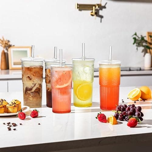 ALINK Glass Cups with Lids and Straws, 22 oz High Borosilicate Clear Iced Coffee Glass Tumblers, Drinking Glass Smoothie Tea Water Cups, Pack of 2 with Cleaning Brush thumbnail 9