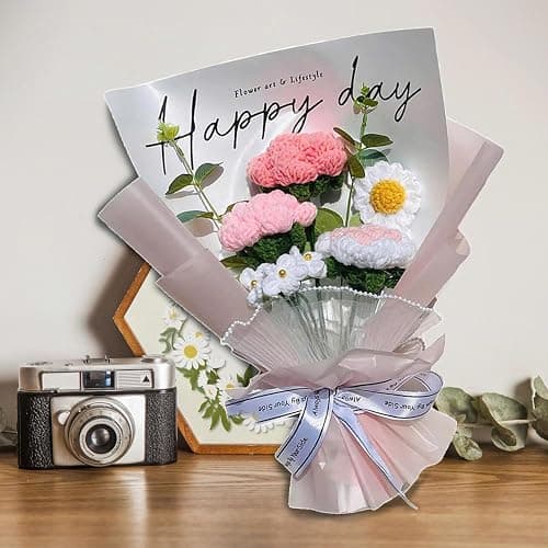 Tokatan Completed PinkGi Crochet Flowers Bouquet, Handmade Knitted Bouquet, Crochet Artificial Flowers for Mother's Day Birthday, Wedding Home Decor, Gifts for Mom (Pink Crochet) thumbnail 5