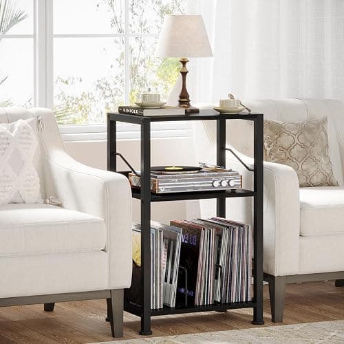 Hosfais 3 Tier Record Player Stand, Retro Vinyl Record Storage End Table Records for Living Room Bedroom (Black) thumbnail 4