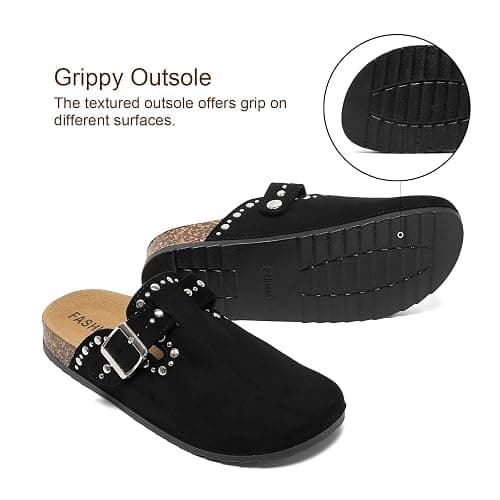 YorFotMae Womens Suede Clogs Mens Leather Slip On Mules Comfortable Adjustable Buckle Arch Support Slippers Cork Footbed Studded Potato Shoes thumbnail 6