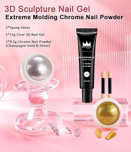 BISHENGYF Kit de poudre à ongles chromée et gel 3D pour nail art 4-en-1, avec poudre à ongles miroir sans essuyage pour ongles or rose et argent, base solide transparente couleur gel 3D pour nail art thumbnail 8