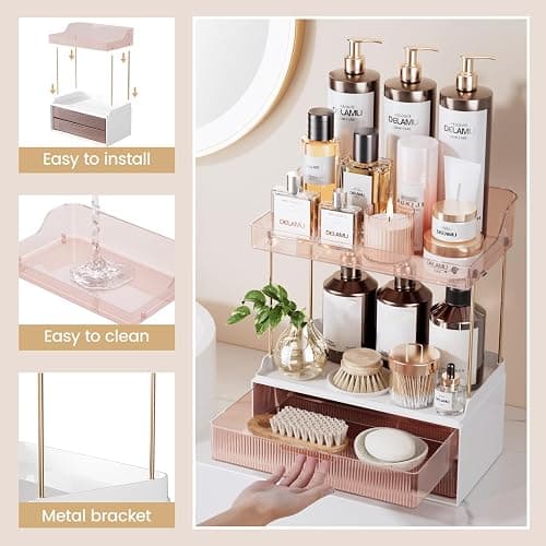 Delamu Bathroom Organizers and Storage, 2 Tier 2 Drawer Makeup Organizer Countertop, Easy to Install, Ideal for Bathroom Counter, Vanity, Ideal for Women Girls, Grapefruit thumbnail 6