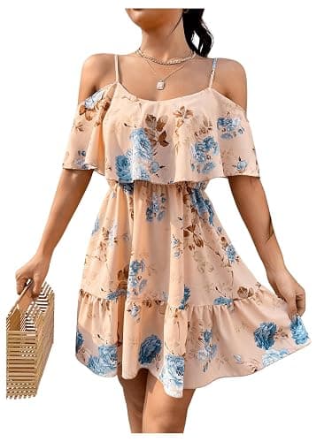 SOLY HUX Women's Boho Floral Print Cold Shoulder Dress Short Sleeve Ruffle A Line Vacation Elegant Mini Dresses - Image 1