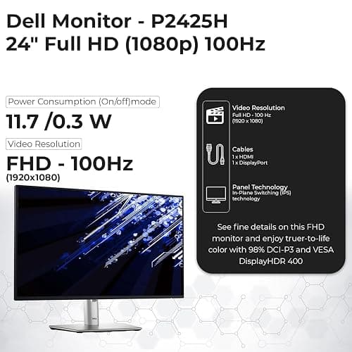 Dell P2425H Computer Monitor Screen 24" 16:9 IPS Display with Stand - 1 Year Warranty, 100Hz Full HD, 1920 x 1080 with Power Cable, Anyhdd DisplayPort, HDMI, USB 3.0 Upstream Cable & Cloth - New thumbnail 3