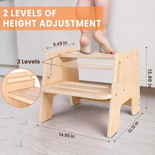 Toddler Step Stool, Wooden Height-Adjustable 2-Step Stool for Kids, Potty Training Stool with Handles for Bathroom Sink, Kitchen, Bedroom thumbnail 2