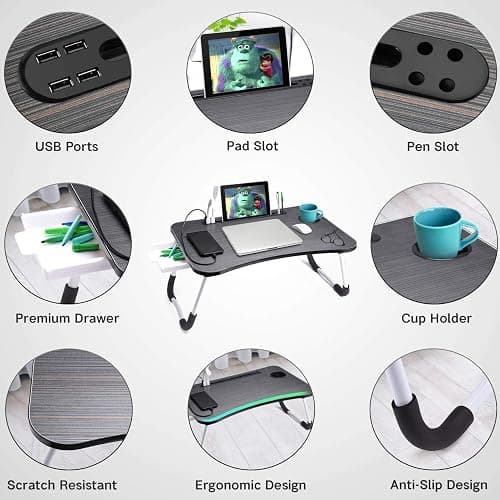Slendor Lap Desk with Tablet Slot, Foldable Laptop Table with Storage Drawer for Bed，Portable Bed Desk for Laptop, Computer Tray with Cup Holder Notebook Stand Reading Holder for Couch Floor, Black thumbnail 6