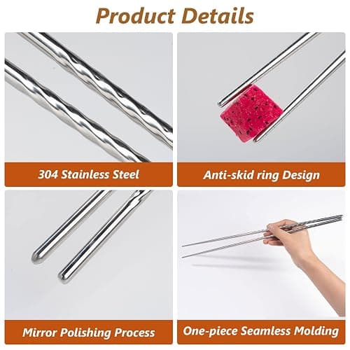 EORTA 3 Pairs Cooking Chopsticks 15.2 Inch Extra Long Stainless Steel Chop Sticks with Non-slip Threaded for Hot Pot, Cooking, Frying, Noodle, Dishwasher Safe, Silvery thumbnail 4