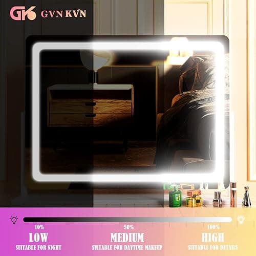 Gvnkvn Makeup Vanity Mirror with Lights 32" x 24" Large LED Makeup Mirror, Light up Mirror with 10X Magnification and USB Charging Port, with Dimmable 3 Modes, Touch Screen Control Round White thumbnail 6