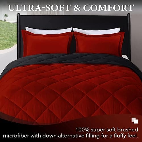 downluxe Queen Comforter Set - Red and Black Queen Comforter - Soft Bedding Sets for All Seasons - 3 Pieces - 1 Comforter (88"x92") and 2 Pillow Shams (20"x26") thumbnail 2