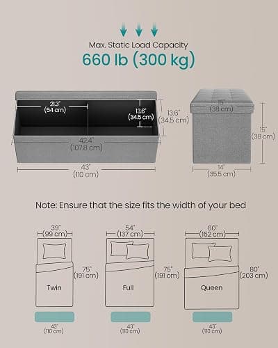 SONGMICS MAZIE Collection - 43 Inches Folding Storage Ottoman Bench, Ottoman Foot Rest, End of Bed Bench, Storage Chest, Load 660 lb, for Living Room, Bedroom, Entryway, Light Gray ULSF77G thumbnail 3
