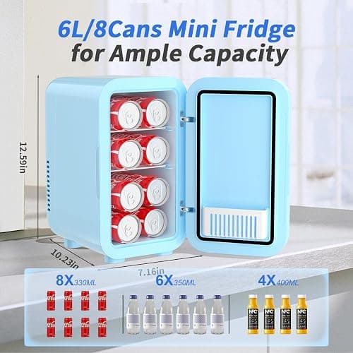 YASHE Mini Fridge, 6 Liter/8 Can 110V AC/DC Portable Thermoelectric Cooler Refrigerators for Bedroom, Skincare, Beverage, Office, Dorm Room and Car, Blue thumbnail 2