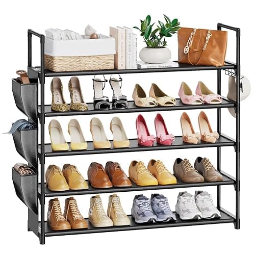 VILICK 5 Tier Shoe Rack with Hook and Side Pocket,Shoe Organizer Space Saver Storage for 20-25 Pair Shoe Storage Shelf Sturdy Free Standing Long Shoe Rack Organizer for Closet,Entryway,Small Spaces - Image 1