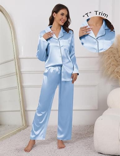 Ekouaer Pajamas For Women Set Silk Pjs 2 Piece Satin Sleepwear Long Sleeve Button Down Lounge Sets With Pant thumbnail 4