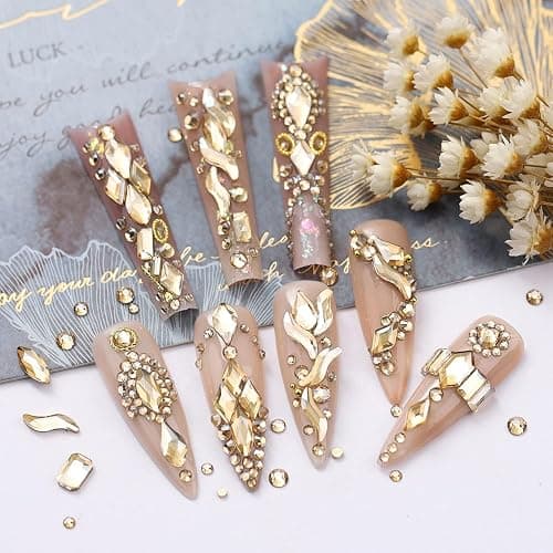 qiipii 4080Pcs Gold Nail Rhinestones, More Quantity 1.5-4mm Mini Flatback K9 Glass Crystal & 3D Multi Shapes Gems, Champagne Gold Gems Round Stones Diamonds jewels Gemstones for Nail Face Eyes Makeup thumbnail 2