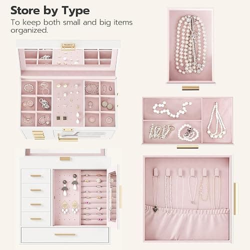 HOOBRO Jewelry Box with Mirror, Jewelry Organizer Box with Capacious Storage Space, Jewelry Holder Organizer, Hand-Held Jewelry Case, Gift for Loved Ones, Modern Style, White and Light Gold WT06JB04G1 thumbnail 5