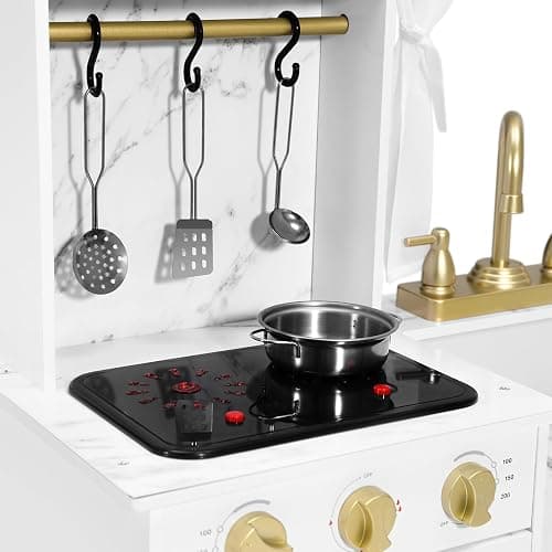 JOYLDIAS Play Kitchen, Wooden Kids Play Kitchen Playset Chef Pretend Play Set for Toddlers w/Ice Cube Dispenser, Oven, Cooking Accessories,Trendy Home Style w/Curtains, Storange Box, Gift for Ages 3+ thumbnail 2