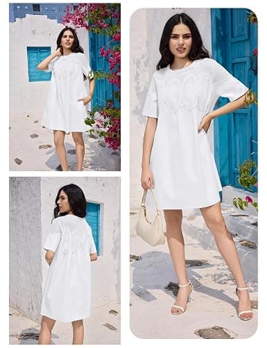 Shiyifa Womens Babydoll Lace Patchwork Dresses Summer Short Sleeve Ruffle Sundress Loose Crew Neck A-Line Dresses thumbnail 6