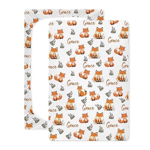 Customized Cute Fox Crib Sheets with Name, Personalized Name Baby Crib Mattress Sheets for Girls Boys, Name Crib Sheets for Standard Crib and Toddler Mattresses, Nursery Bedding Sheets thumbnail 4