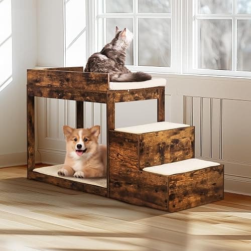 VEVOR Pet Bunk Bed with Stairs, Dog/Cat Window Perch for High Beds and Couches, Medium Multi-Level 3 Step Dog Seat Platform Sleeper Couch, Practical for Modern Homes (Rustic Brown) thumbnail 8