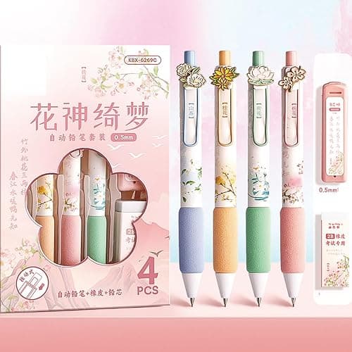 MOZXIRZ 4 Pcs Flower Mechanical Pencils with Refill and Eraser, 0.5mm Cute Mechanical Pencil Kawaii Cartoon Pencils Office School Pencil for Students Women Pencils (Flower) thumbnail 3
