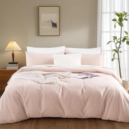 NEXHOME PRO Duvet Cover Set 100% Washed Cotton Full Size Linen Feel Textured Organic Natural 3 Pieces Bedding Set Greyish Light Pink with Zipper Closure and Corner Ties, Breathable(No Comforter) thumbnail 2