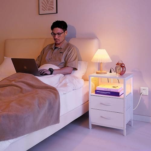 Yoobure Nightstand with Charging Station, LED Night Stand with Fabric Drawers and Storage Shelf for Bedroom, Nightstands Bedside Tables with USB Ports & Outlets, Small Night Stands, Bed Side Table thumbnail 2