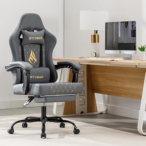 Symino Gaming Chair with Footrest, Computer Ergonomic Video Game Chair, Adjustable Swivel Task Chair with Lumbar Support, PC Chairs, PU Leather Game Chairs for Adults, Grey thumbnail 2
