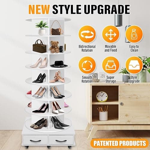 8 Tier Rotating Shoe Rack Tower contains 2 drawers, Spinning Shoe Rack Display Lazy Susan, Revolving 360 Shoe Racks Storage Round Carousel, Equipped with 5 Universal Wheels with Brake Function thumbnail 3