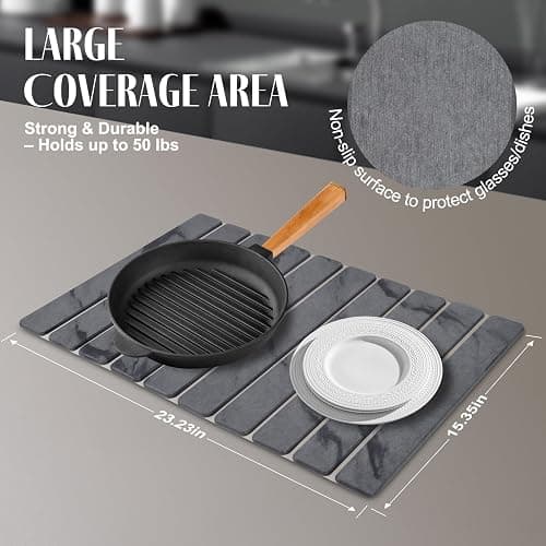Large Stone Dish Drying Mats for Kitchen Counter, 24"(L)×16"(W) Marble, Drying Collapsible Dish Drying Mat, Eco-Friendly Absorbent Diatomaceous Earth Mats for Dishes Bottles Cups - Dark Grey thumbnail 2