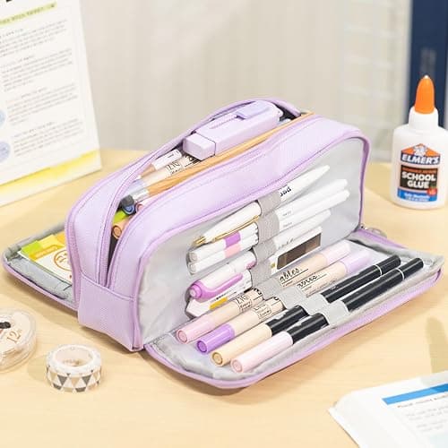 CICIMELON Large Capacity Pencil Case 3 Compartment Pouch Pen Bag for School Teen Girl Boy Men Women (Purple) thumbnail 4