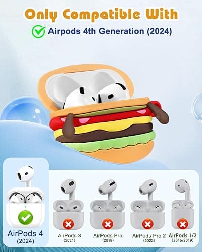 Boaretiu for Airpods 4 Case 2024 Cute Cartoon Kawaii - Funny 3D Soft Silicone Hamburger Design Cover with Carabiner Stylish for Boys Girls Teens Women for Air pods 4 thumbnail 2