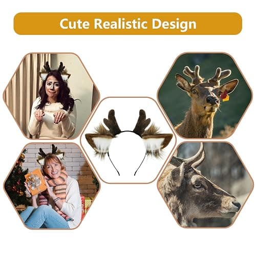 SIOTMERA Reindeer Antlers Headband, Realistic Deer Antlers Headbands Reindeer Ears Adults Christmas Party Birthday Makeup Cosplay, Reindeer Headband for Christmas Eve Costume Gift, Brown thumbnail 3