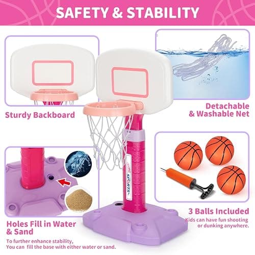 Toddler Basketball Hoop Indoor for Age 1-3, Adjustable Kids Basketball Hoop, Mini Basketball Hoops with 3 Balls for Outdoor Poolside, Birthday Christmas Sport Toys Gift for Baby Boy Girl 1 2 3 4, Pink thumbnail 6