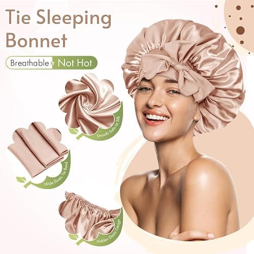 BONNET QUEEN Silk Bonnet for Sleeping for Curly Hair, Satin Bonnet Hair Wrap for Women & Men, Adjustable Silk Scarf Night Cap with Tie Band, Champagne thumbnail 3
