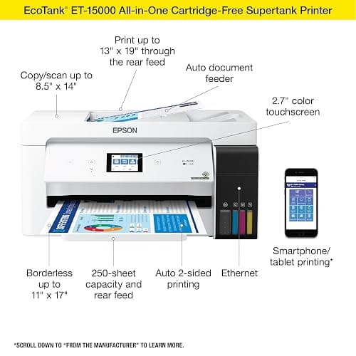 Epson EcoTank ET-15000 Wireless Color All-in-One Supertank Printer with Scanner, Copier, Fax, Ethernet and Printing up to 13 x 19 Inches, White thumbnail 3