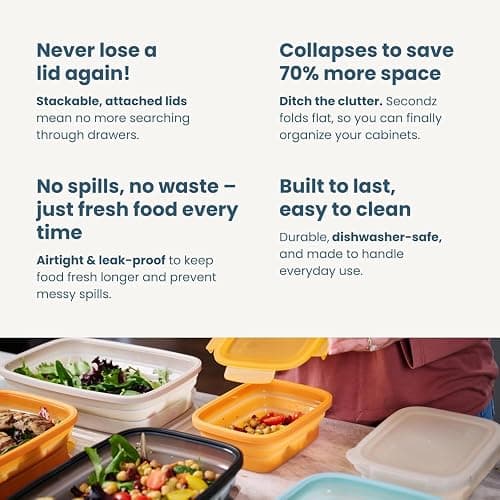 Drip EZ Secondz Collapsible Food Storage Containers – Set of 4, Space-Saving Airtight Meal Prep & Leftover Containers – Microwave, Freezer & Dishwasher Safe, BPA-Free, Locking Lids – Orange thumbnail 5