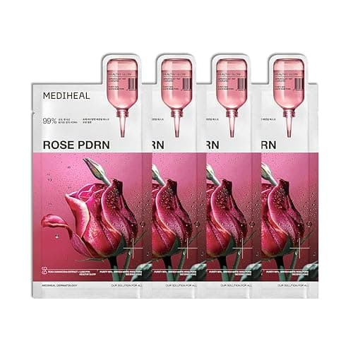 Mediheal Rose PDRN Essential Sheet Mask 4 pcs. 99% Pure White Rose PDRN & Hyaluronic Acid for hydrating, firming, and enhancing moisture barrier, skin firmness, and glow. Vegan formula. - 4 pcs - Rose PDRN