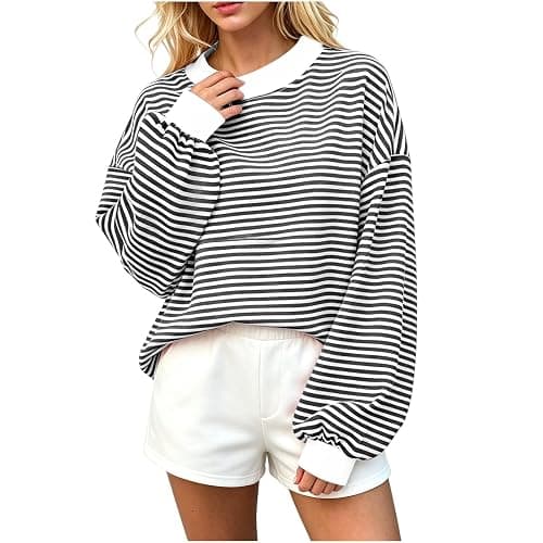 Womens Striped Sweatshirt Mock Neck Long Sleeve Casual Loose Pullover | Classic Stripe Pattern,Soft Comfortable Fabric,Relaxed Oversized Fit,Mock Neck Design,Daily Casual Streetwear Style thumbnail 2